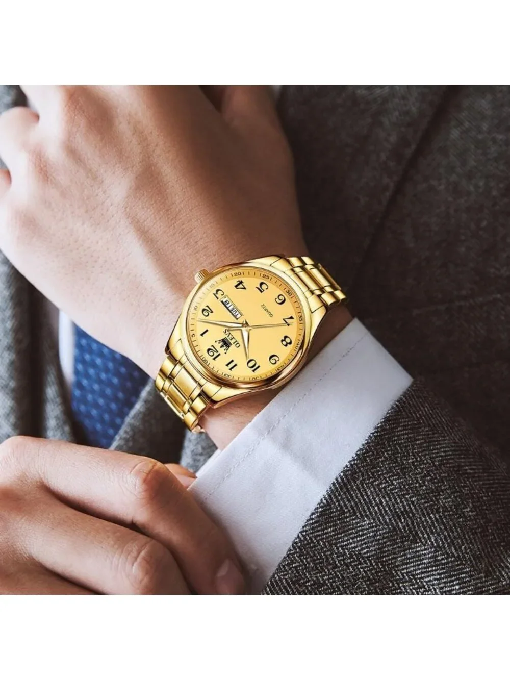 Men's Gold Stainless Steel Solid Analog Quartz Classic Waterproof Round Watch